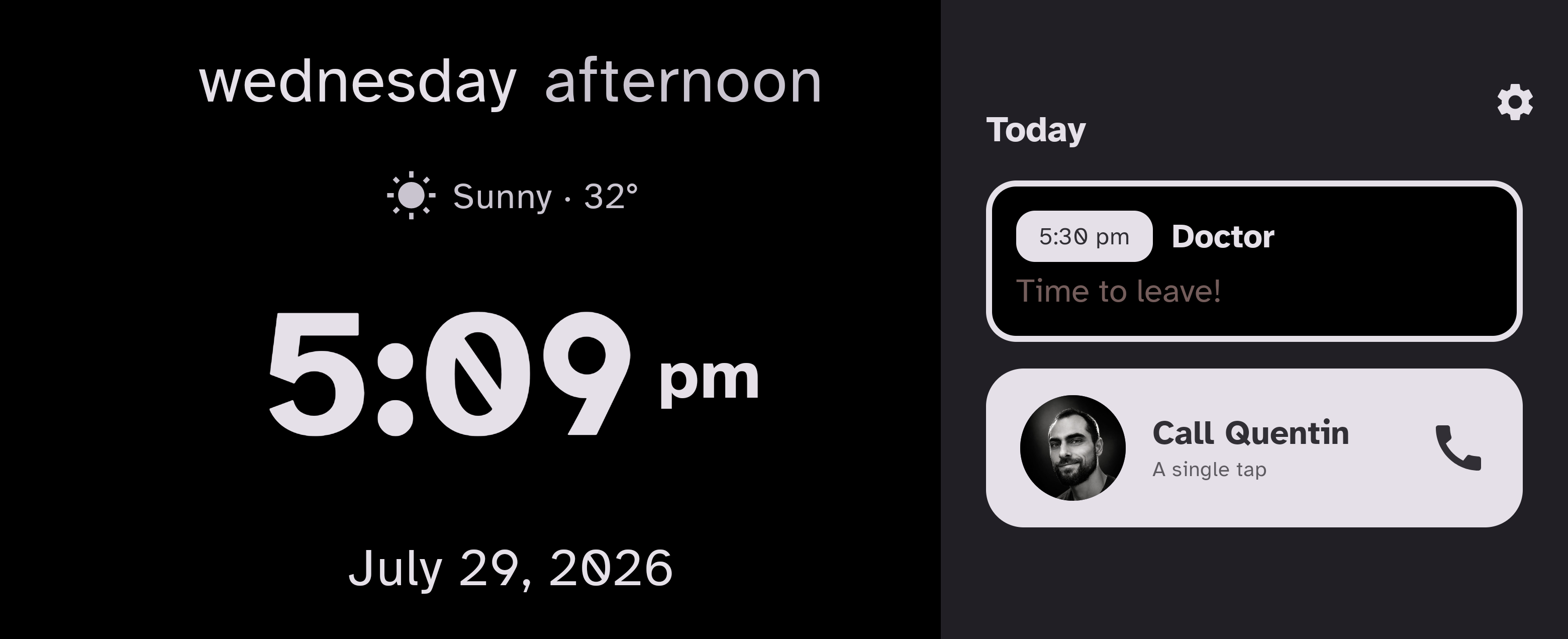 The Heure & Repères screen on a tablet: the day, the time, the next appointment and the day's medications.